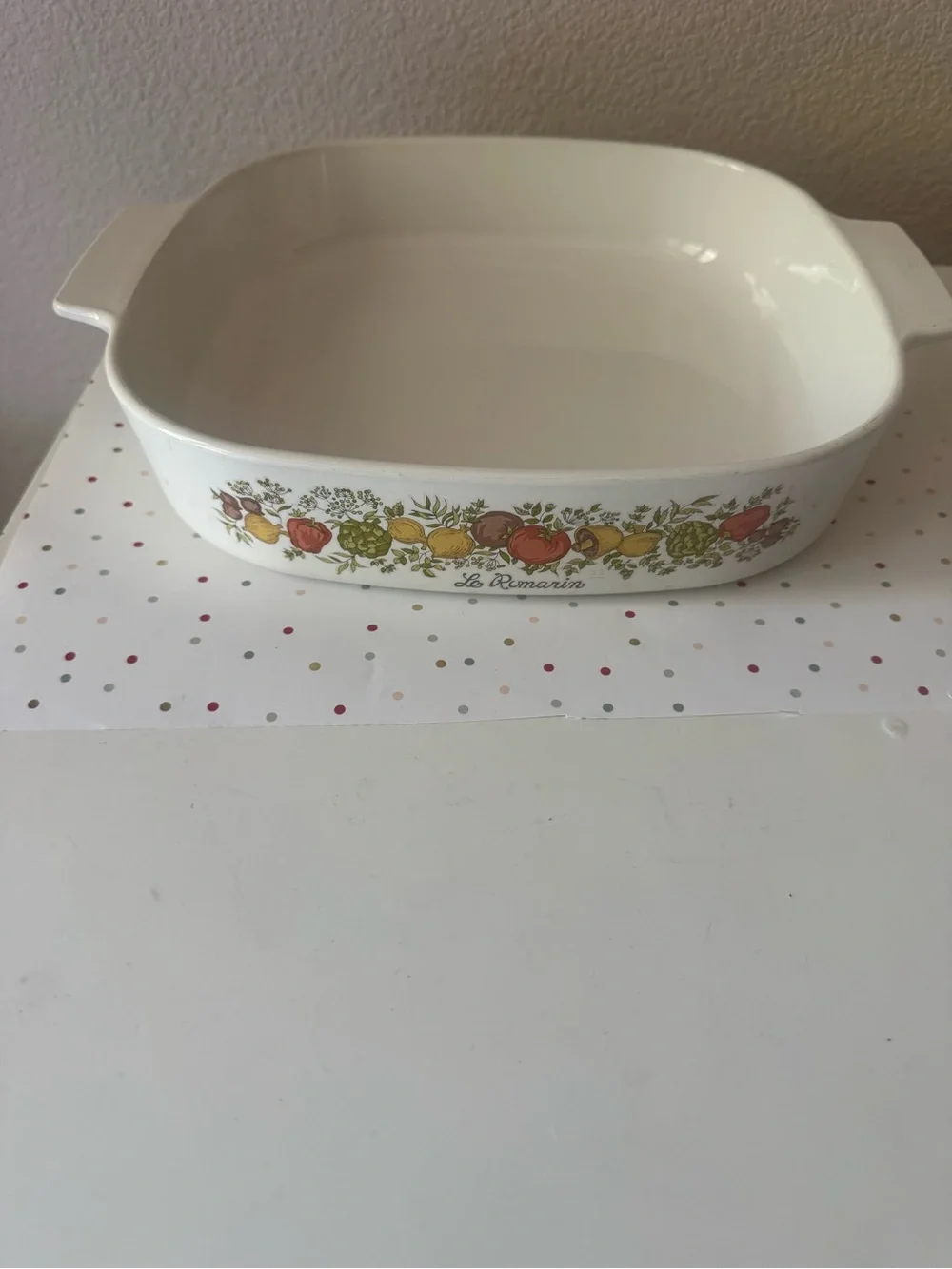 White Ceramic Square Baking Dish with Fruit Motif